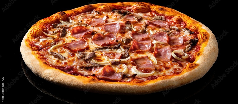 Poster savory pizza topped with ham anchovies and onions ready for your custom text or branding message on 