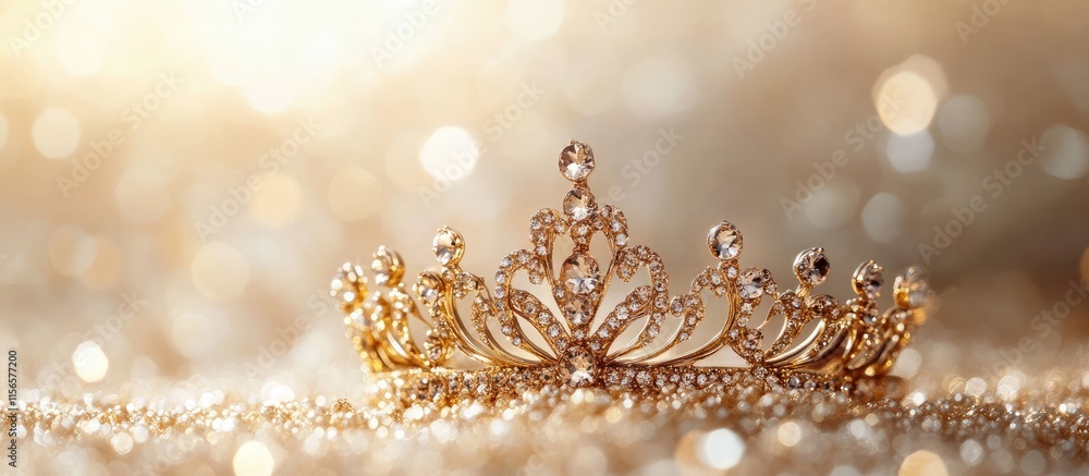 Poster elegant golden tiara with sparkling details on a soft background allowing space for text highlightin