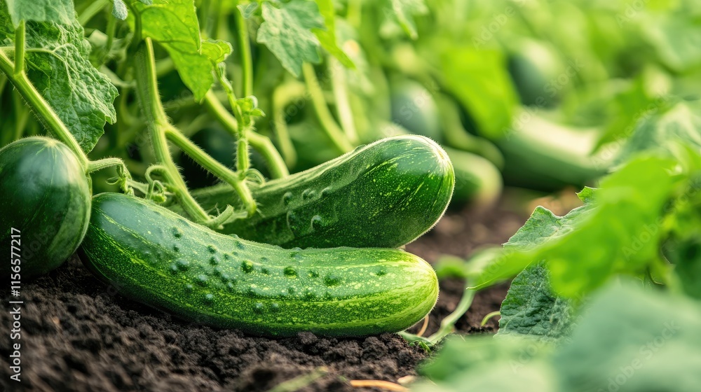 Poster cucumber plants in a field with lush green foliage and space for text in a harvesting environment