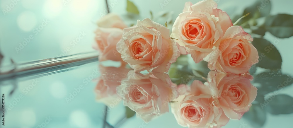 Aufkleber pastel pink roses elegantly reflected in a soft mirror surface creating a romantic floral compositio
