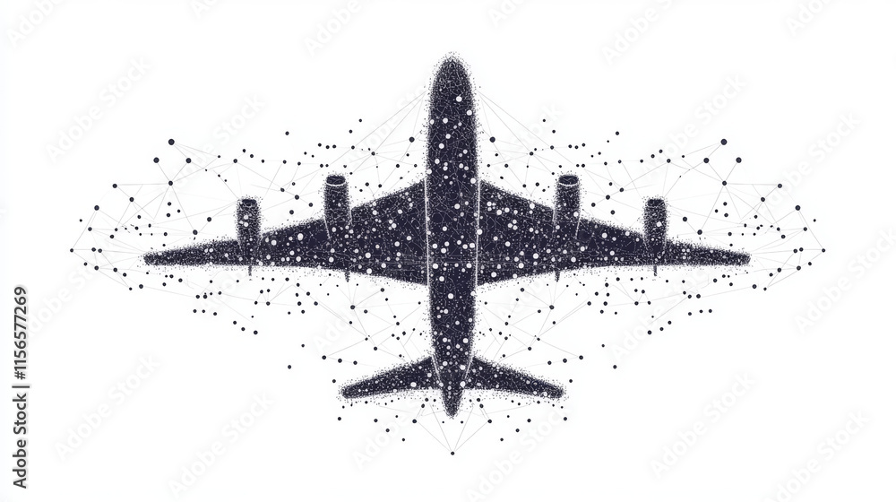 Poster the plane consists of points, lines and triangles. the polygon shape in the form of a silhouette of 