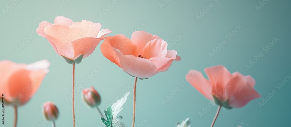 Poster delicate pink flowers in pastel tones with soft gradient background and ample negative space for cus