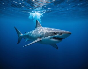 Fototapeta premium Great White Shark Swimming Underwater Ocean Depth