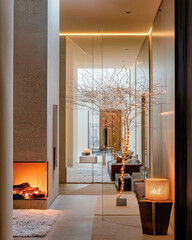 Elegant modern living space with warm fireplace and decorative tree at twilight