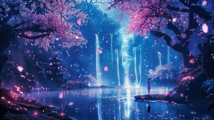 Obraz premium A serene night scene featuring a mystical waterfall cascading into a tranquil pond amidst a breathtaking cherry blossom forest. A lone figure stands in contemplation by the water's edge.