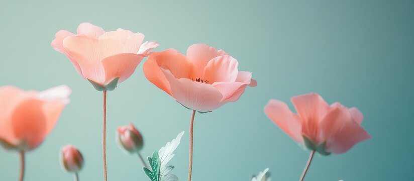 Delicate pink flowers in pastel tones with soft gradient background and ample negative space for customizable text or graphics