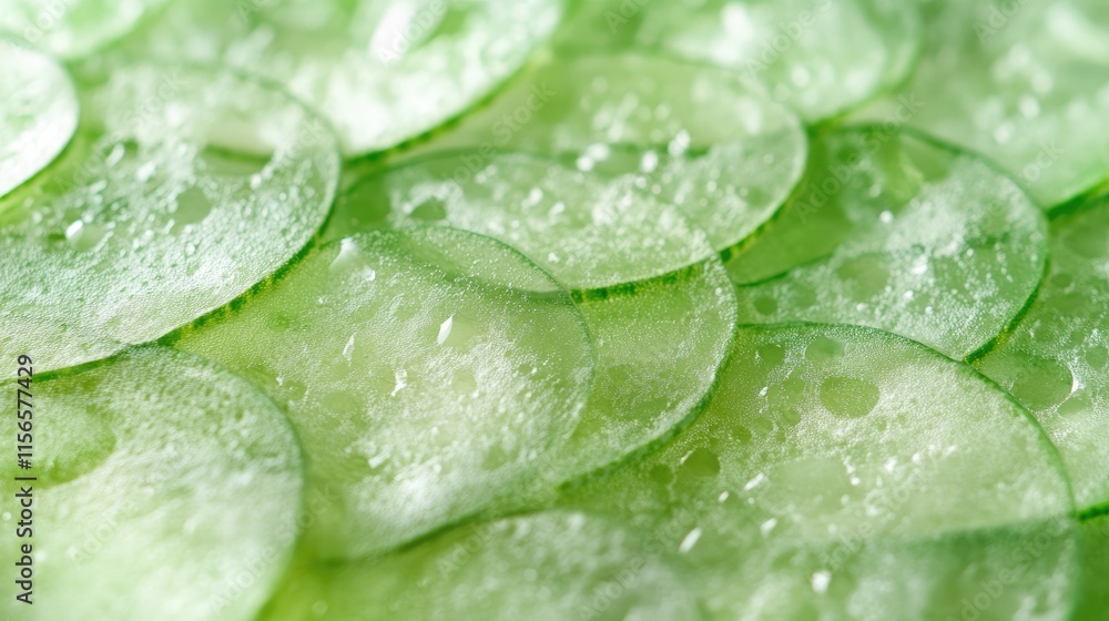 Poster fresh green cucumber slices close up creating a textured background with empty space for text or des