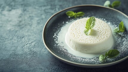 Culinary foam dessert beautifully presented on plate with fresh herbs and ample space for text or branding in modern dining setting