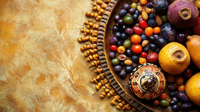 Cultural art featuring traditional September equinox foods with empty space for text and vibrant natural colors in a decorative bowl