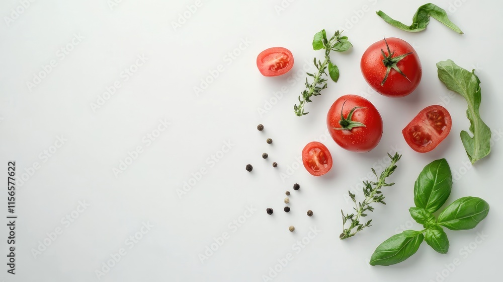 Poster culinary workshop arrangement of fresh herbs and tomatoes with empty space for personalized text or 