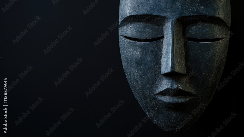 Poster cubist mask with dark tones on a black background featuring ample copy space for elegant text placem