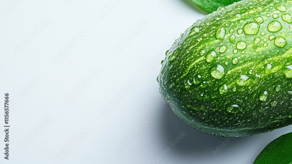 Poster fresh cucumber with water droplets on a white background highlighting texture and freshness with amp