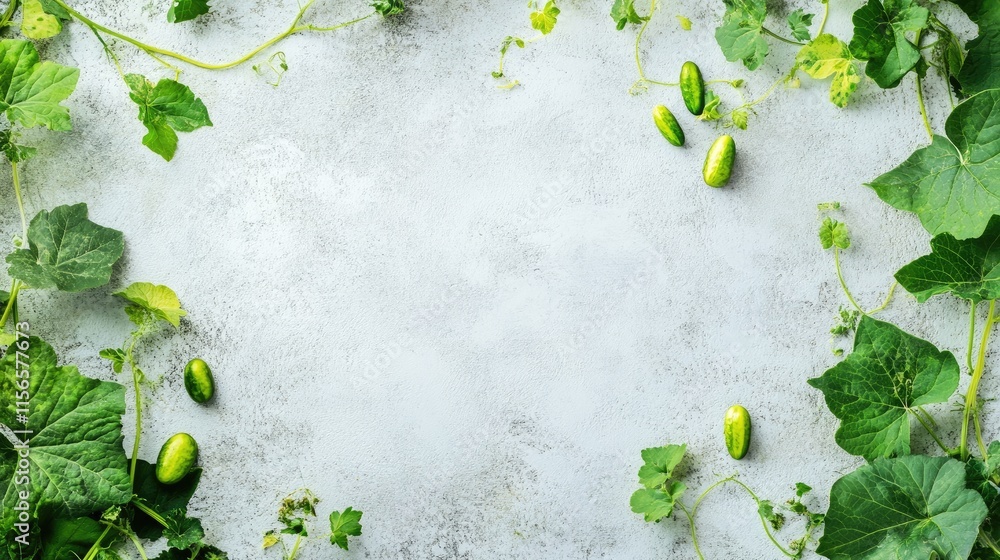 Poster cucumber vines with small cucumbers on a gray background creating an empty space for text or design 