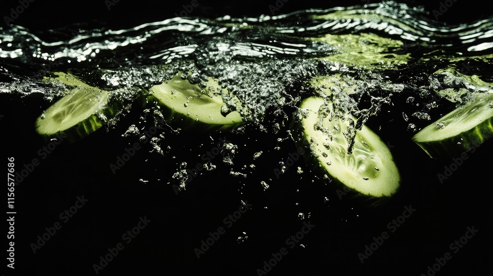 Poster fresh cucumber slices splashing in water with dynamic movement captured against a dark background an