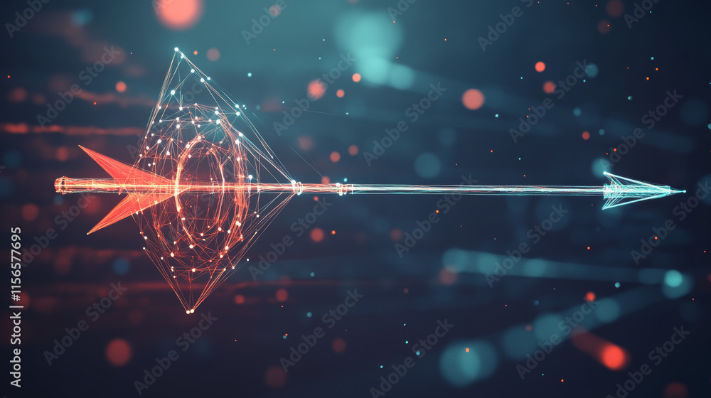 Poster hologram arrow and the target. an arrow and a target made of polygons, triangles of points, and line
