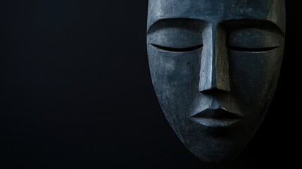 Cubist mask with dark tones on a black background featuring ample copy space for elegant text placement
