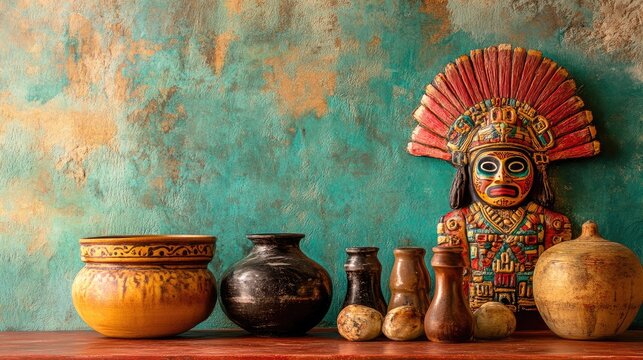 Culinary Heritage of Mexico Displaying Aztec Artifacts with Space for Text and Decorative Elements