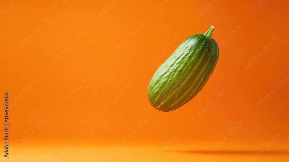 Poster cucumber levitating against vibrant orange backdrop ideal for halloween themed designs with ample bl