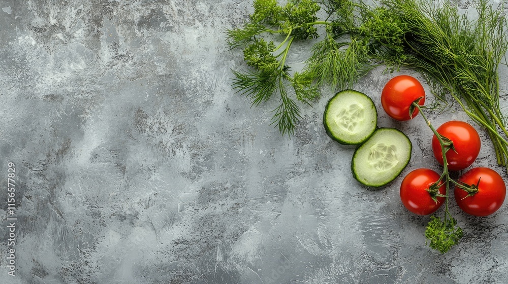 Aufkleber fresh cucumbers dill and ripe tomatoes on a textured grey background healthy ingredients for recipes