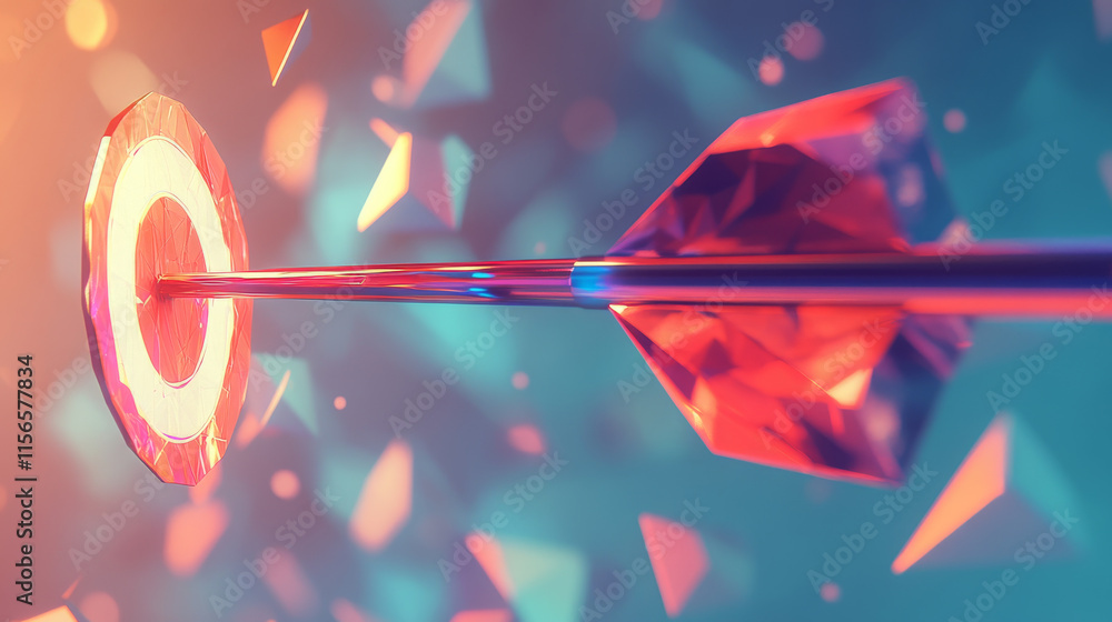 Poster hologram arrow and the target. an arrow and a target made of polygons, triangles of points, and line