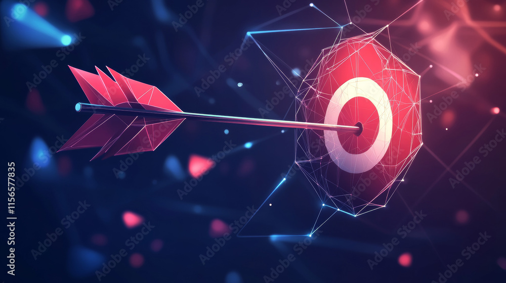 Poster hologram arrow and the target. an arrow and a target made of polygons, triangles of points, and line