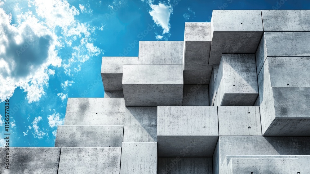 Poster cubic concrete blocks against a clear blue sky with ample copy space for text or branding in a moder