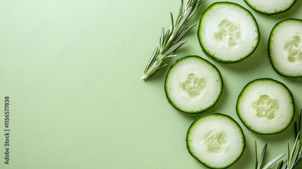 Poster cucumber slices and fresh rosemary on a soft green background creating space for text or design elem