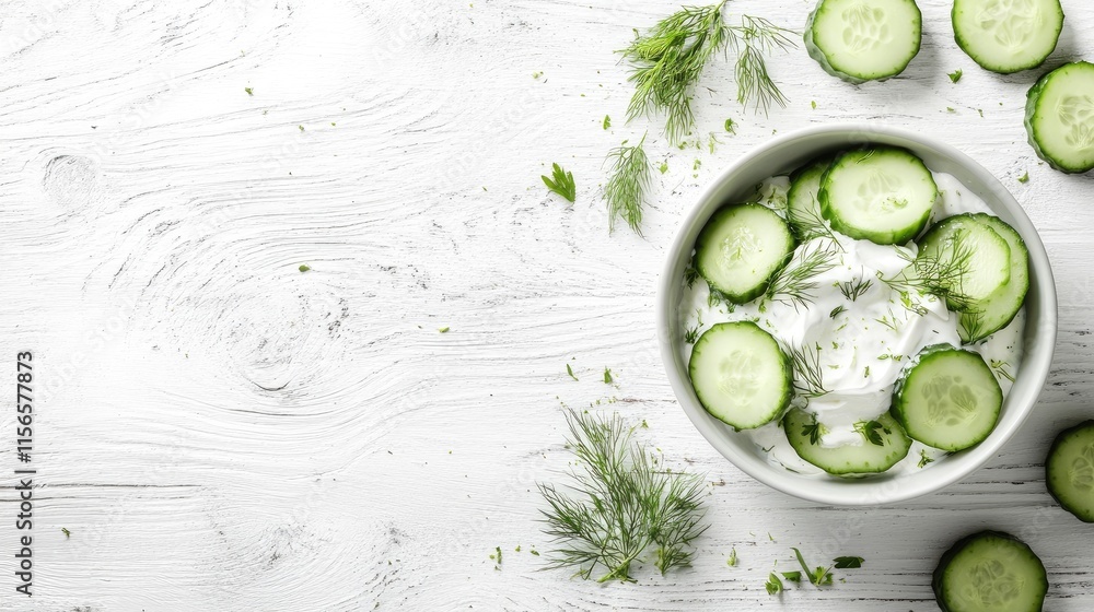 Poster cucumber salad with sour cream and dill arranged in a bowl on a white wooden surface fresh ingredien