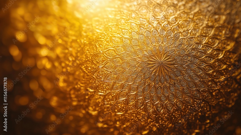 Poster golden abstract background with intricate circular pattern and bokeh lights.