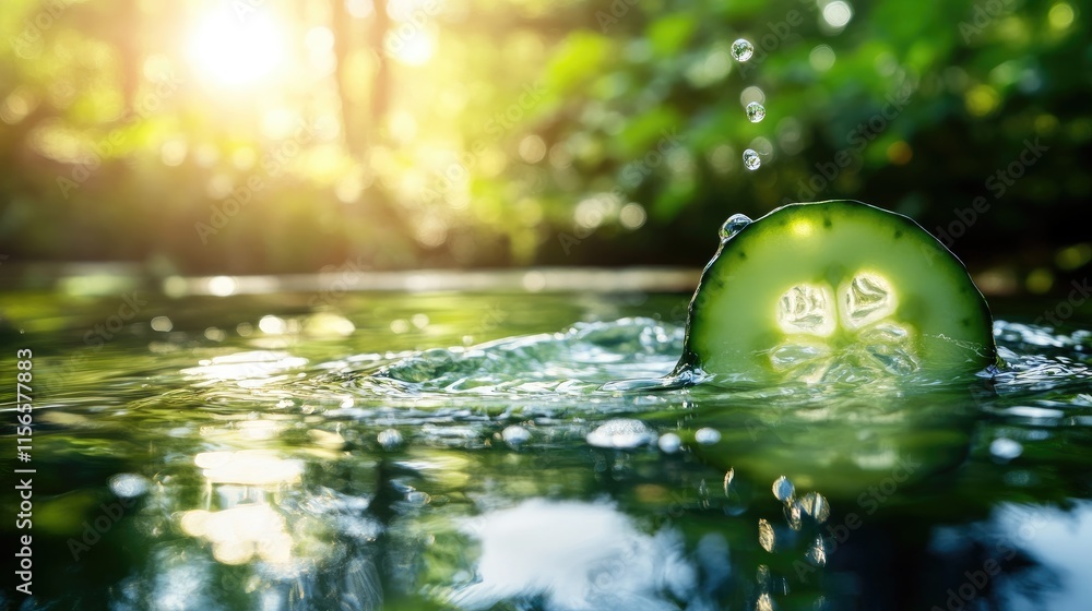 Poster cucumber slice splashing in lemonade water surrounded by nature with sunlight creating a refreshing 