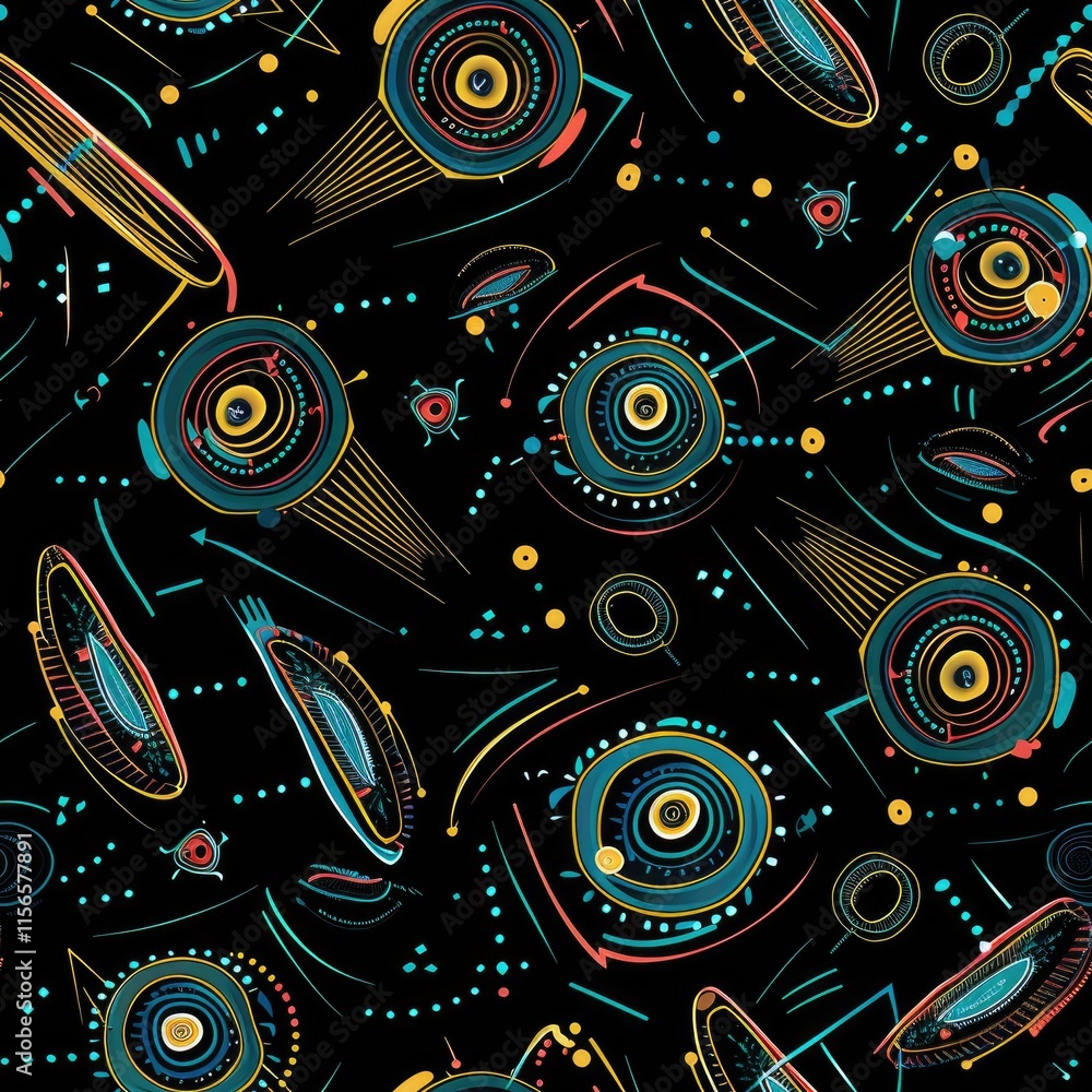 Poster abstract design featuring colorful circular patterns and lines on a black background.