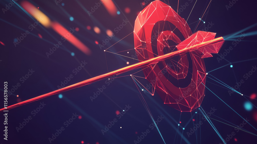 Poster hologram arrow and the target. an arrow and a target made of polygons, triangles of points, and line