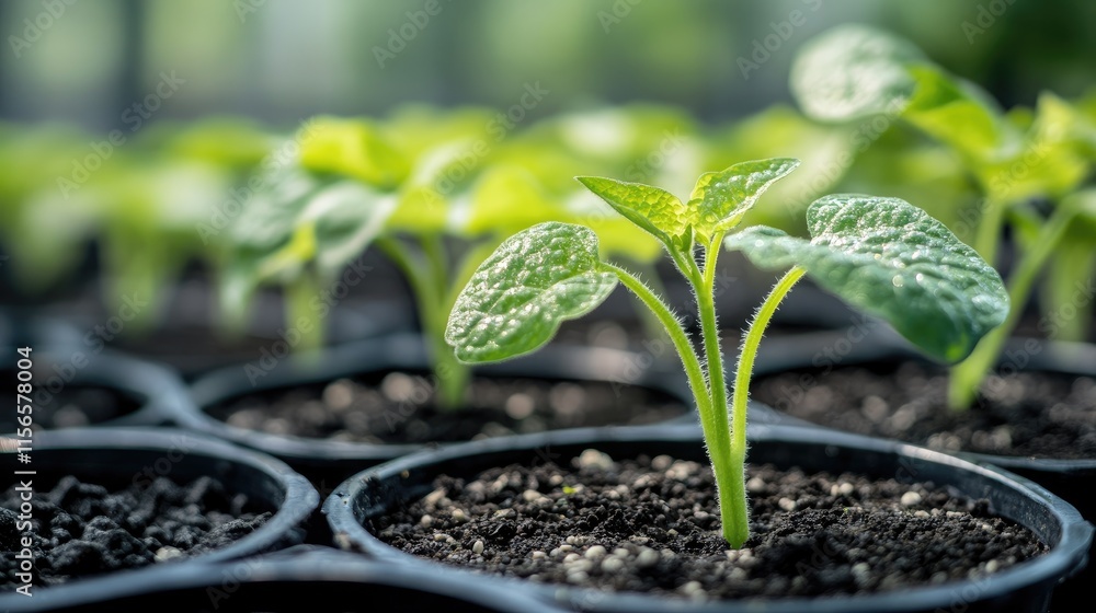 Poster cucumber seedlings growing in greenhouse with soil and water soluble fertilizer organic farming conc