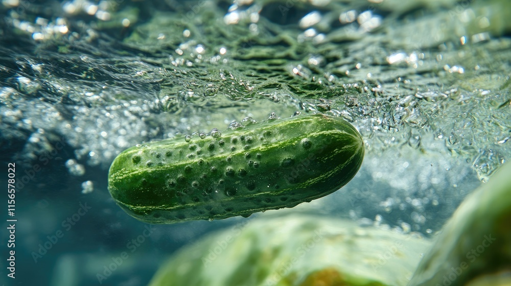 Poster fresh cucumber submerged in crystal clear water with bubbles and room for text or branding