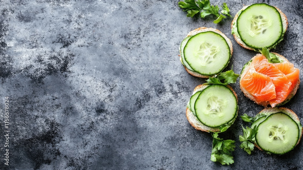 Poster cucumber slice sandwiches with smoked salmon and fresh herbs on dark rustic background with empty sp