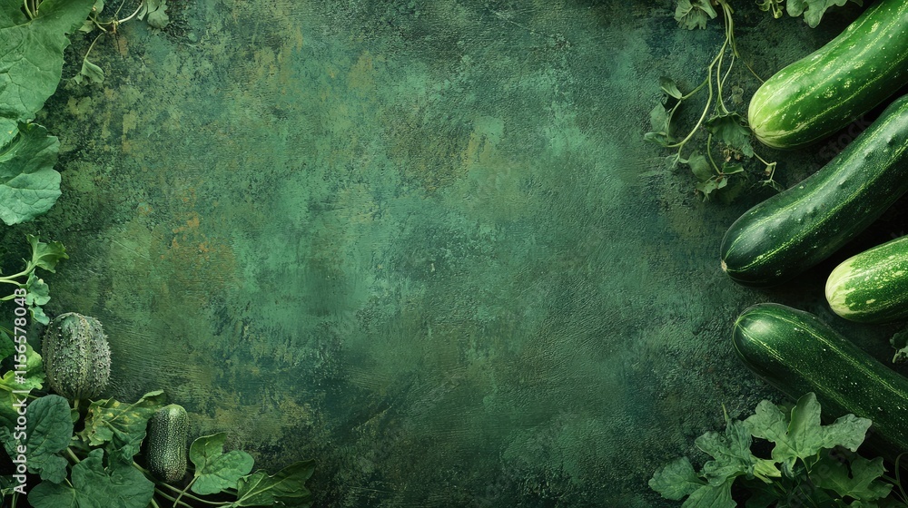 Poster organic cucumber harvesting background with fresh vegetables and empty copy space for text in vibran