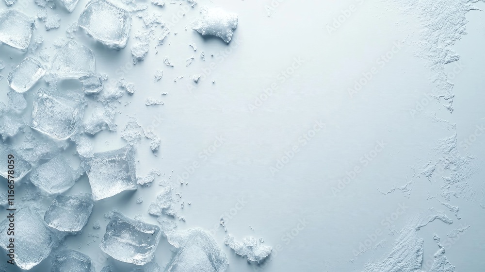 Poster cubes of frozen ice scattered on a light surface with ample blank space for creative text or design 