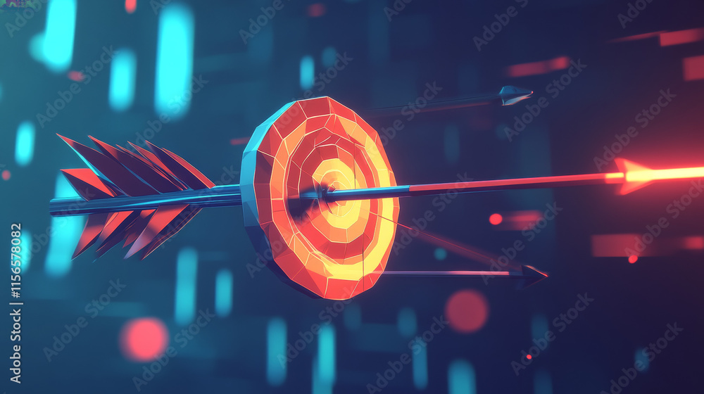 Poster hologram arrow and the target. an arrow and a target made of polygons, triangles of points, and line