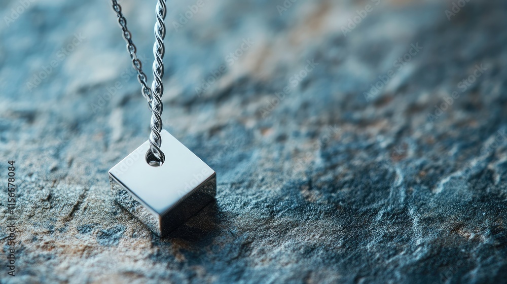 Poster cubic shaped silver pendant on textured surface with twisted chain and blank space for custom text o