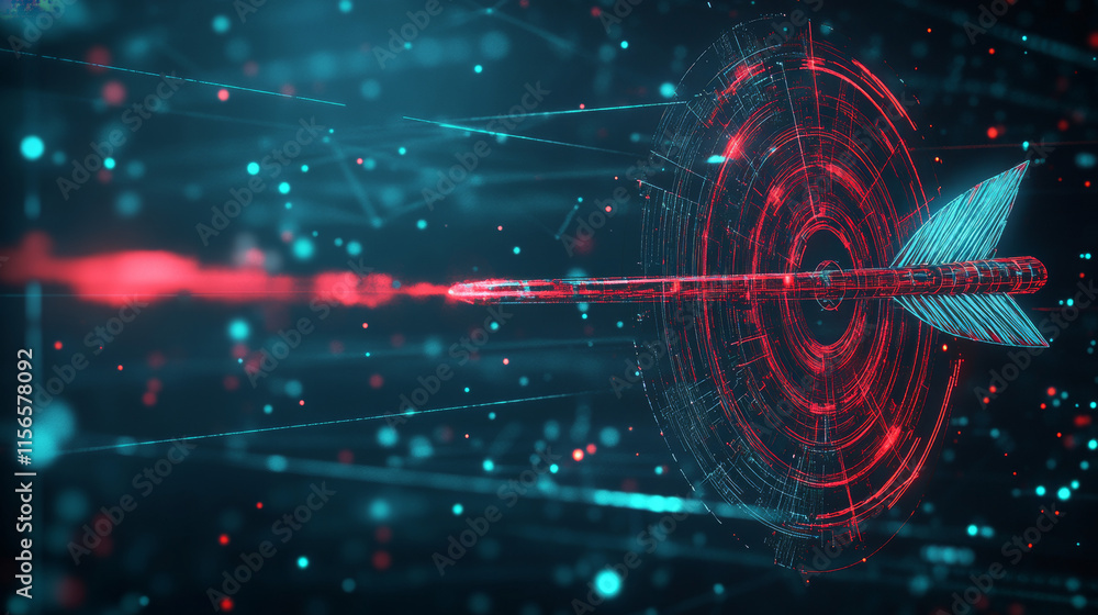 Poster hologram arrow and the target. an arrow and a target made of polygons, triangles of points, and line