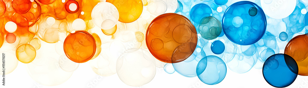 Poster abstract colorful bubbles floating in air, vibrant spheres intertwine dynamically on white backgroun