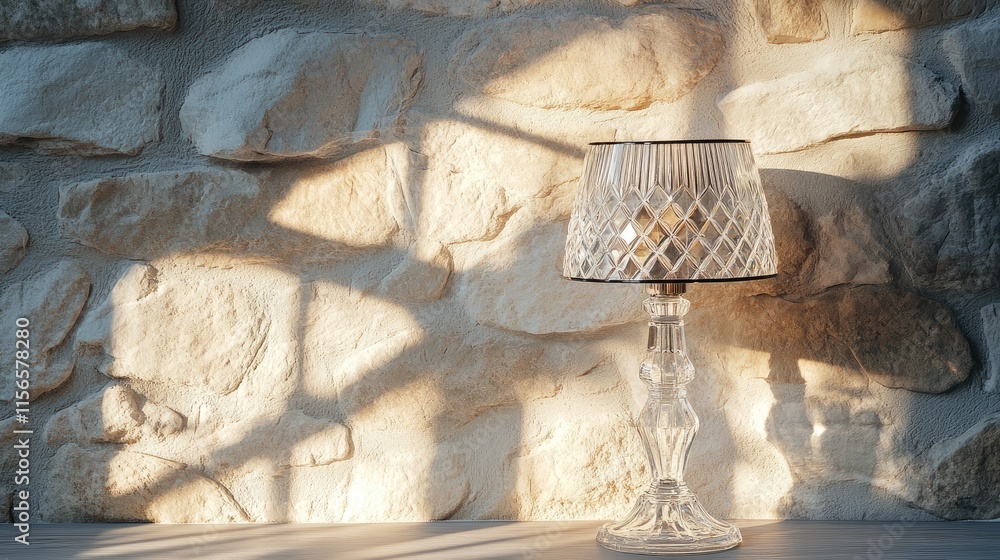 Poster crystal lamp casting beautiful shadows on stone wall with natural lighting creating an inviting atmo