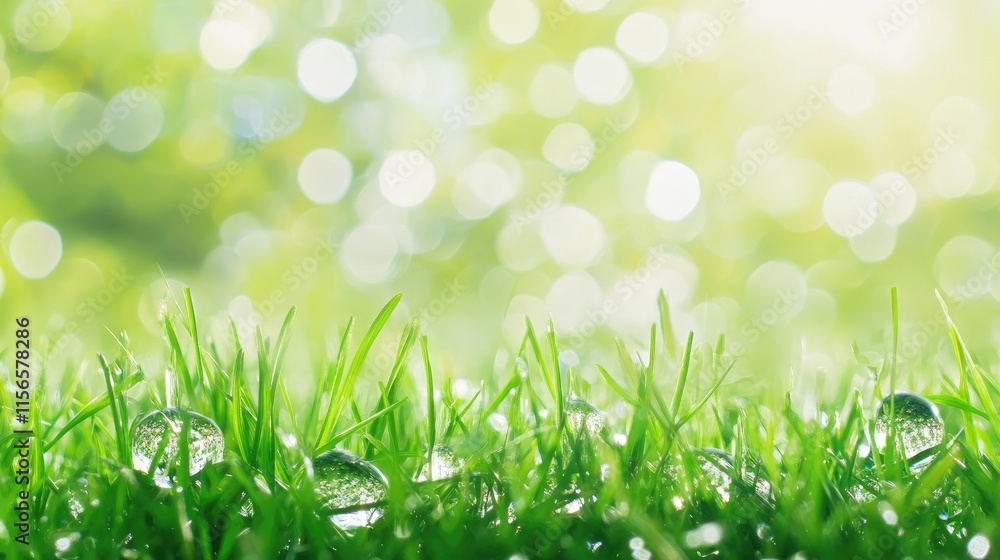 Poster crystal globe on dewy grass with blurred bokeh background symbolizing eco-consciousness and sustaina