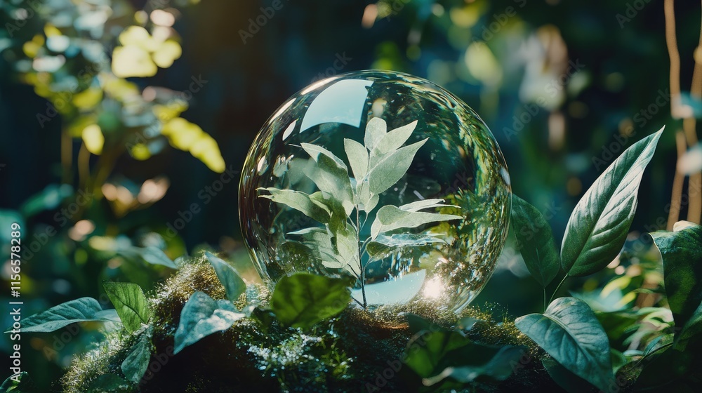Poster crystal orb encapsulating green leaves amidst vibrant nature with ample space for text and design el