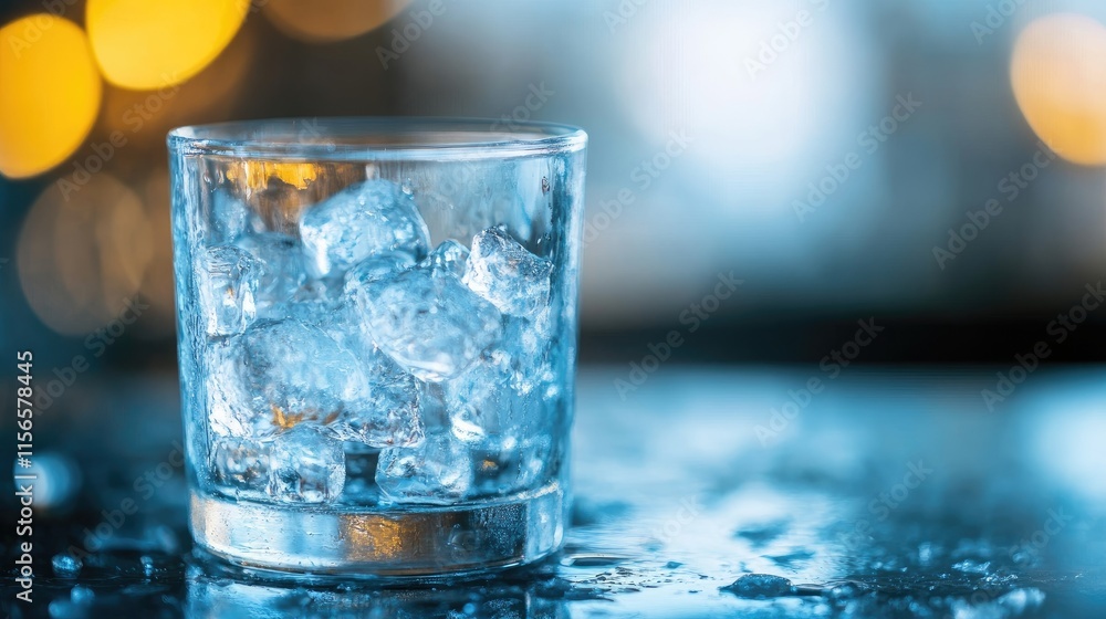 Poster close up of crystal clear ice cubes in glass with bokeh background and empty space for text on refle