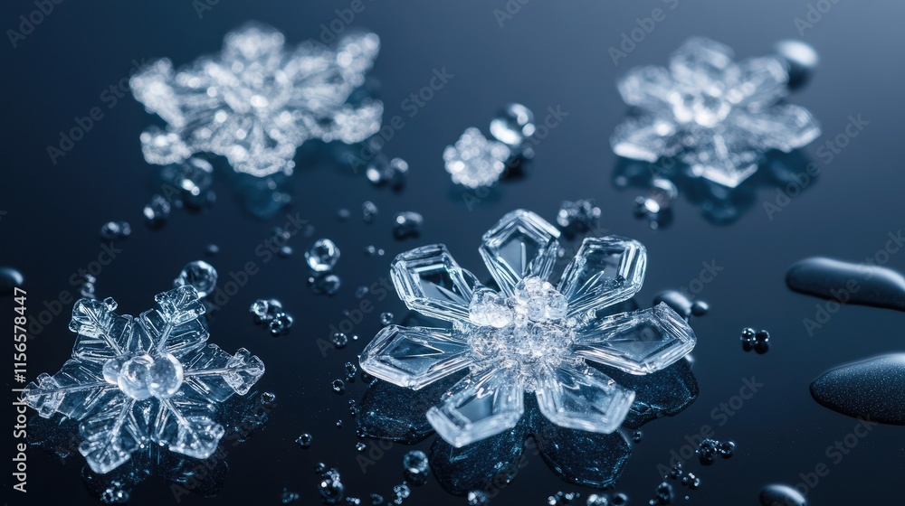 Poster elegant frozen snowflakes on dark surface with droplets and space for custom text or graphics