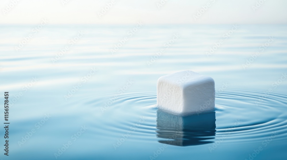 Poster marshmallow cube floating on serene water surface with gentle ripples ideal for food and product bac