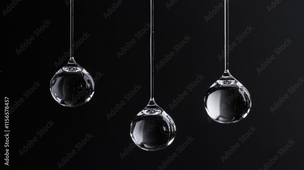 Poster suspended water droplets against a dark background creating a clean and modern design with space for