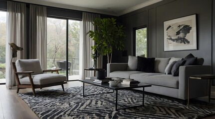 Fototapeta premium A modern living room with a large window. The window has white curtains that are open, allowing natural light to enter the room