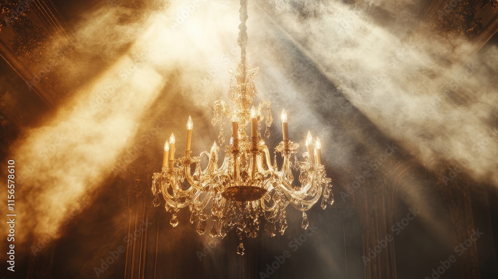 Poster glistening crystal chandelier illuminated by golden smoke rays in a mysterious gothic setting with s